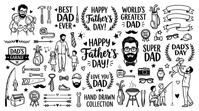 Hand drawn fathers day doodle set with dad, children, tools and accessories