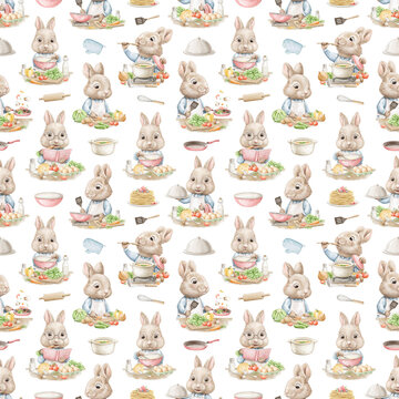 Seamless pattern set with easter Chef cook bunnies rabbits hares boys in clothes cooking variety of food in kitchen and tastes it. Watercolor hand drawn illustration sketch