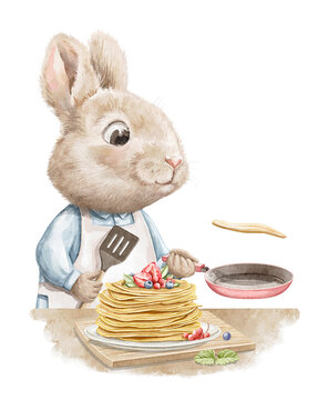 Easter cartoon cute Chef cook bunny rabbit boy in blue shirt cooking food golden pancakes with berries on frying pan isolated on white background. Watercolor and pencil hand drawn illustration sketch