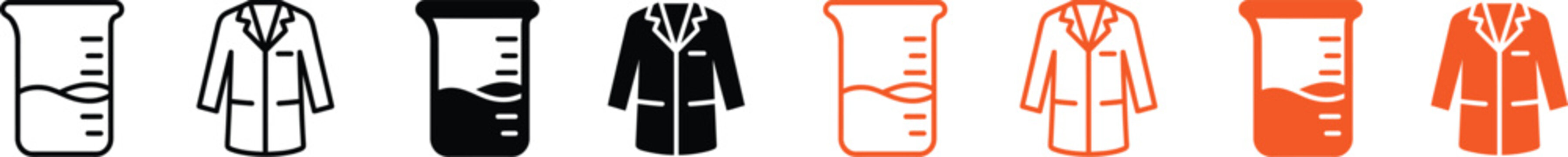 Minimalist science icons of beakers and lab coats for web design