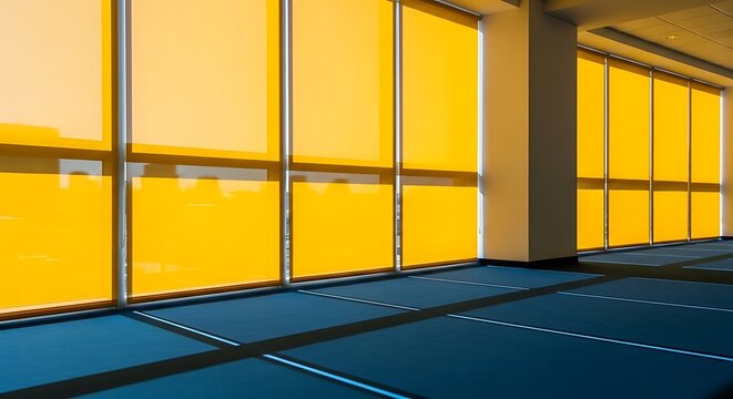 Modern office interior with yellow roller blinds and blue carpet flooring
