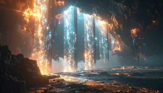 Cave entrance ablaze with glowing rectangular portals of light amidst a rocky landscape