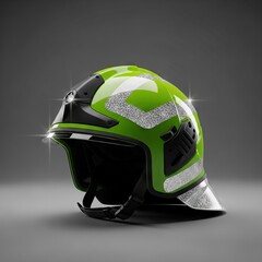 Fototapeta premium High-visibility neon green rescue helmet with reflective decals on a plain studio background, minimalist safety gear for emergency teams, professional grade, hazard, clean