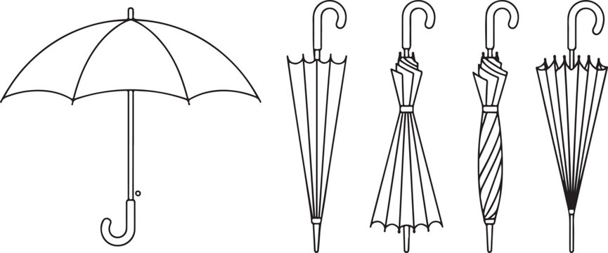 Set of four simple line art parasols and umbrellas isolated on transparent background for weather protection or summer travel.