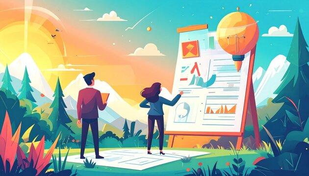 Two figures review charts at an outdoor presentation; sunny landscape with pine trees