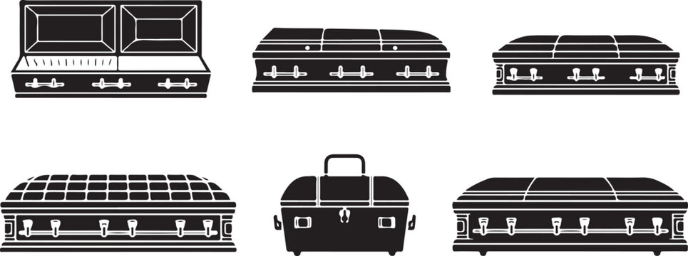 Collection of various solemn funeral caskets and coffins including an open ornate coffin and a simple burial box for sad occasions.