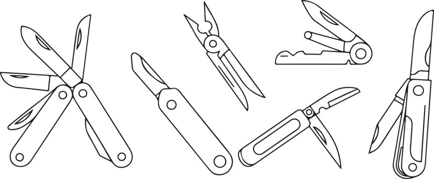 Collection of multi tools and knives on a transparent background, folding gadgets.