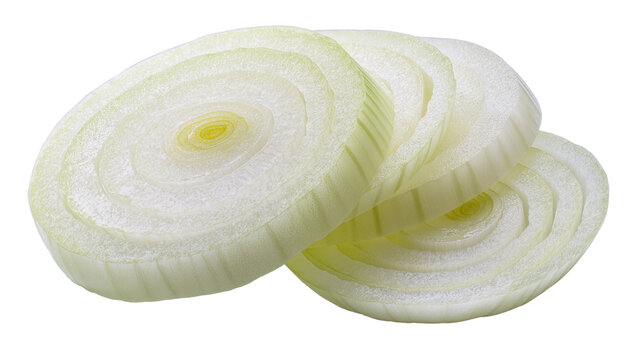 Isolated raw fresh white onion slices, perfectly cut, showing delicate translucent layers