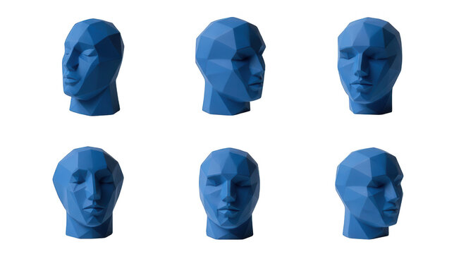 six polygonal blue face sculptures on a white background various angles and facial expressions design  art