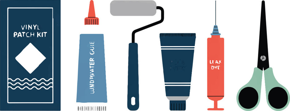 Repair kit for vinyl patches, including glue, roller, syringe, and scissors for patching and mending items.
