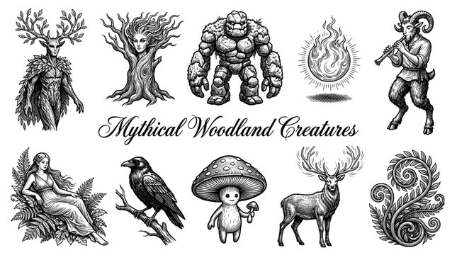 Vintage Engraving Style Mythical Woodland Creatures Set with Forest Spirits, Satyr, Golem, and Raven Vector Illustration