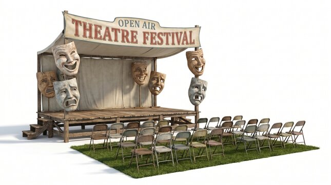 Outdoor Performance Stage with Comedy Tragedy Masks and Folding Chairs for Arts Festival