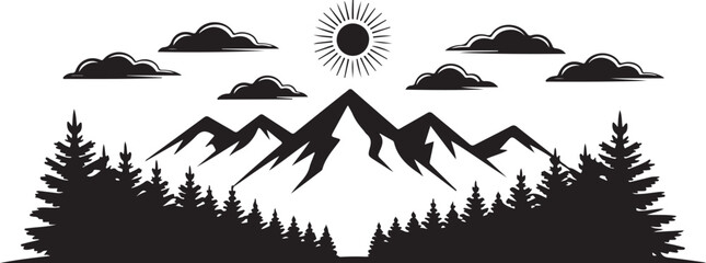 Mountain landscape silhouette with pine forest and sun rising above clouds against isolated transparent background for outdoors. © Kamrun82