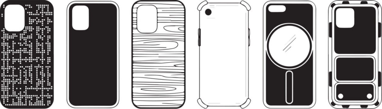 Mobile phone protective cases collection set featuring modern minimalist and textured back covers for various smartphone models.
