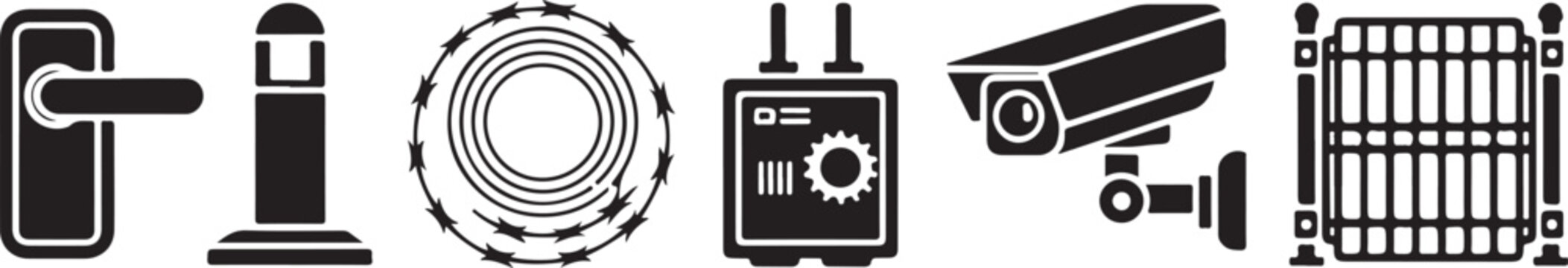 Set of security surveillance icons including door lock barb wire alarm box camera and metal fence isolated on transparent layer.