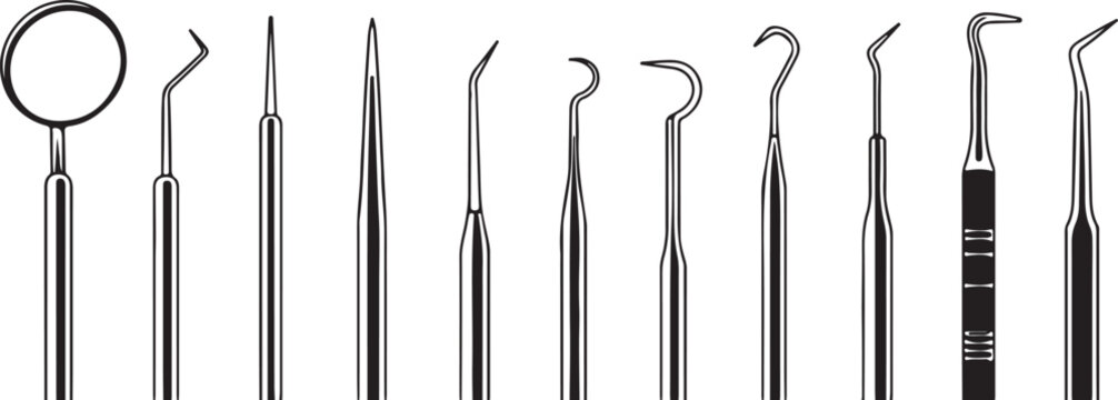Professional dentist tools collection featuring dental mirrors probes scalers and examination instruments for oral healthcare.