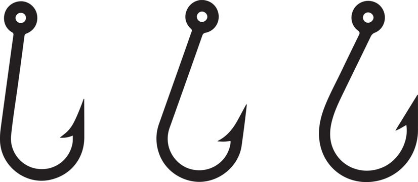 Fish hook icons set featuring sharp curved metallic shapes for fishing sports equipment isolated on transparent background view.