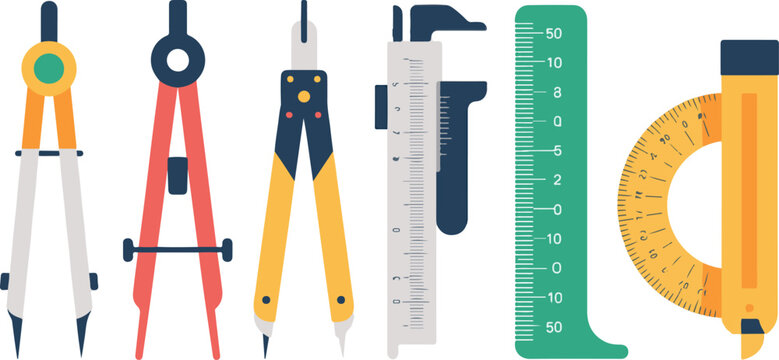 Collection of precise drafting and measurement instruments used by engineers and architects for technical drawing tasks setup.