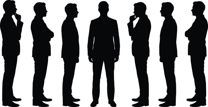 Businessman silhouette set standing and thinking in various corporate poses for leadership recruitment and planning concepts