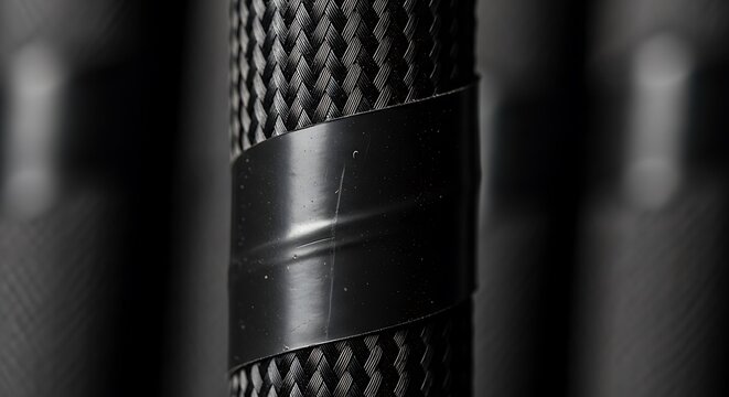 Closeup of a black braided cable wrapped with electrical tape
