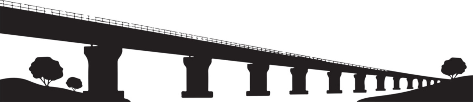 Railway bridge structure silhouette spanning landscape with small trees on horizon line for transportation infrastructure themed.
