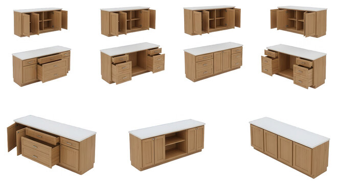wooden cabinet product sequence doors and drawers in various open and closed positions for furniture catalog or online store