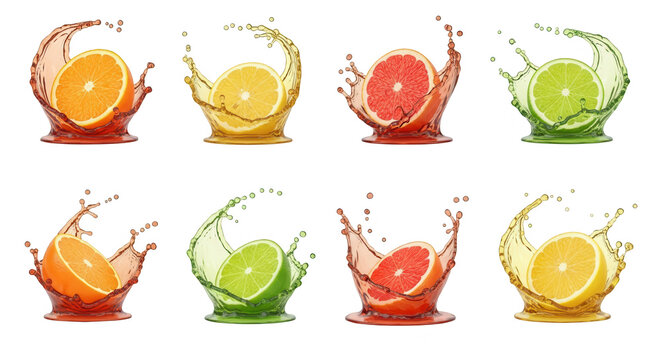 assorted citrus fruits sliced splashing vibrant juice isolated on white fresh food product advertising