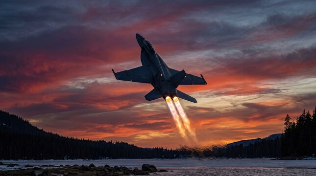 Fighter Jet Launching Afterburner During Sunset Over Mountain Landscape