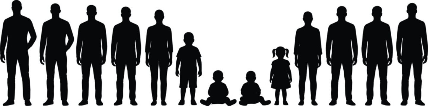 People demographic silhouette chart showing different age groups from sitting babies to full length standing adults