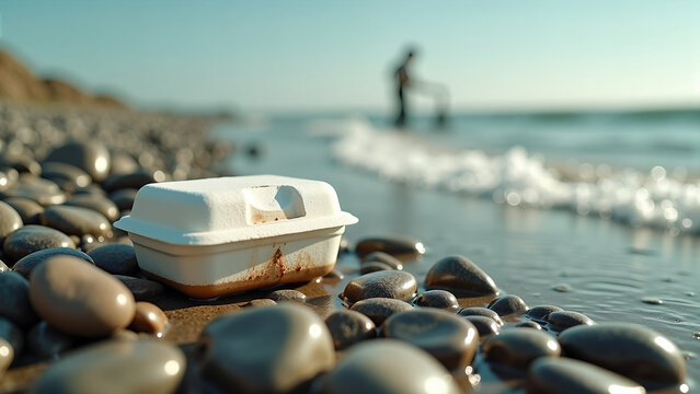 Dirty polystyrene foam container on wet pebbles at the beach. Plastic waste and environmental pollution on a rugged coastline. Coastal litter concept
