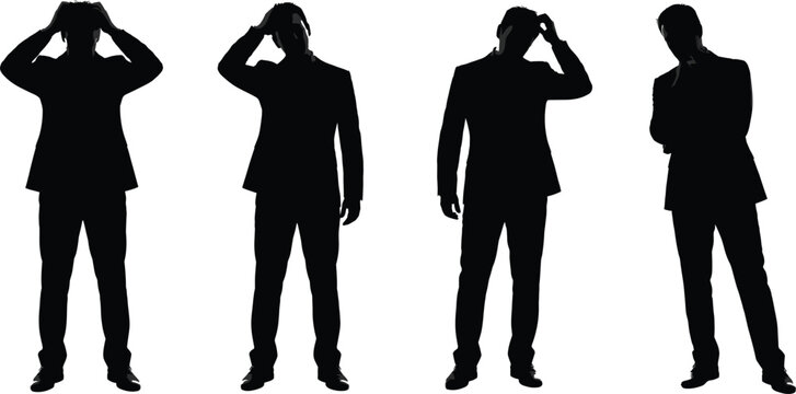 Stressed and confused businessman silhouettes set showing headache thinking and problem solving concepts in corporate business crisis