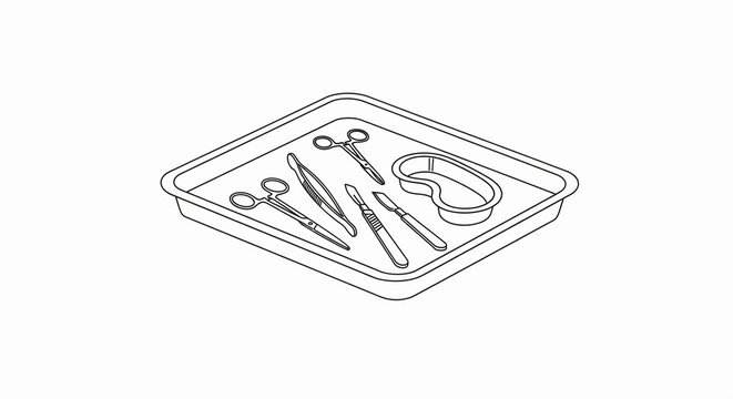 Clean dissection kit with scissors, forceps, scalpel, and eye wash cup, laid out in sterile tray, isometric line art for medical education and scientific research.