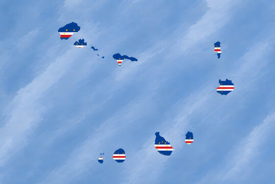Cape Verde Islands Map Filled with National Flag on Blue Background