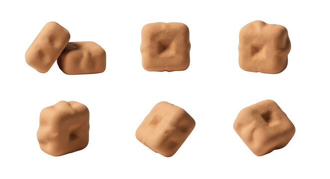 various angles of brown square candies isolated on a white backdrop sweet treats appearance great for food advertising