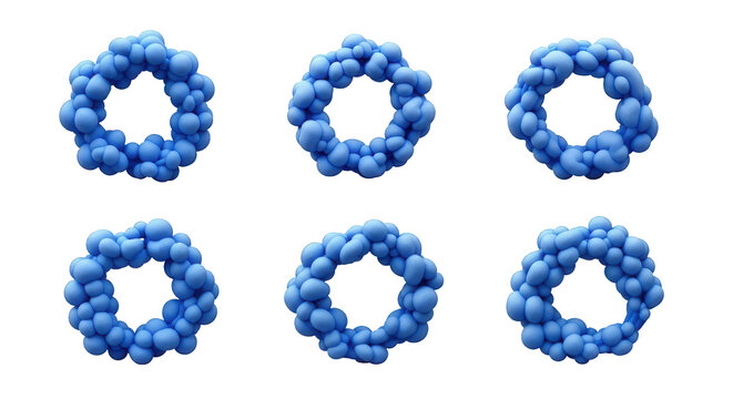 blue abstract 3d torus shapes displayed on a white backdrop rotational perspectives for scientific or graphic design uses