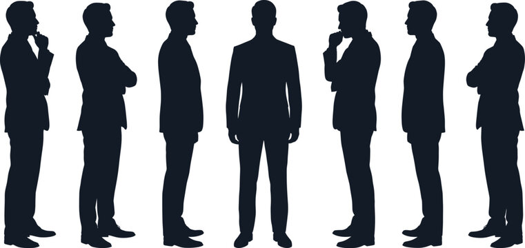 Businessman silhouette set in professional suit standing and thinking in various poses for corporate recruitment concepts