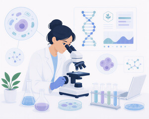 Fototapeta premium Illustration of Biotechnology Researcher Studying Cells and Genetics