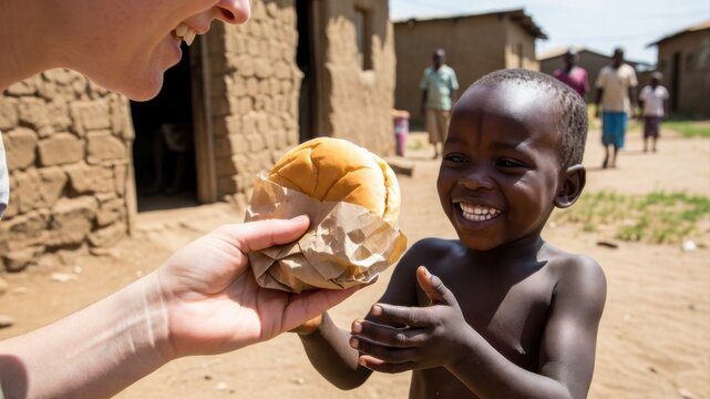A person hands a sandwich to a smiling young child in a rural village setting during the day.