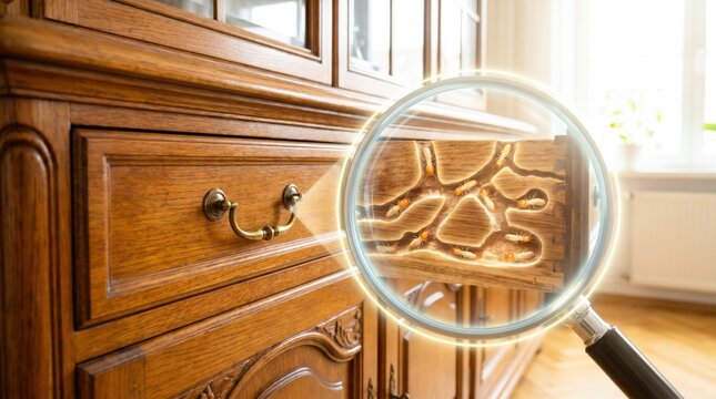 A wooden cabinet drawer viewed through a magnifying glass, revealing termite damage and insects.