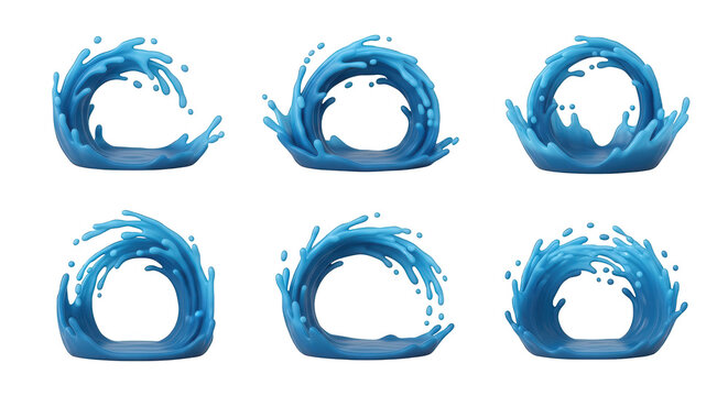 3d rendered illustration of six water splash ring shapes on a white background design and graphics usage