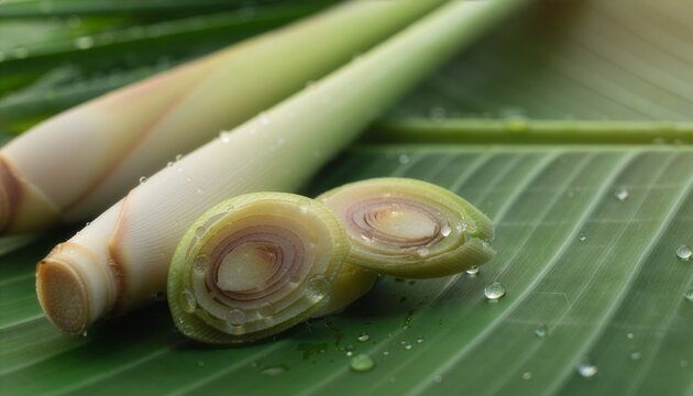 Fresh Lemongrass Stalks on Green Banana Leaf with Dew