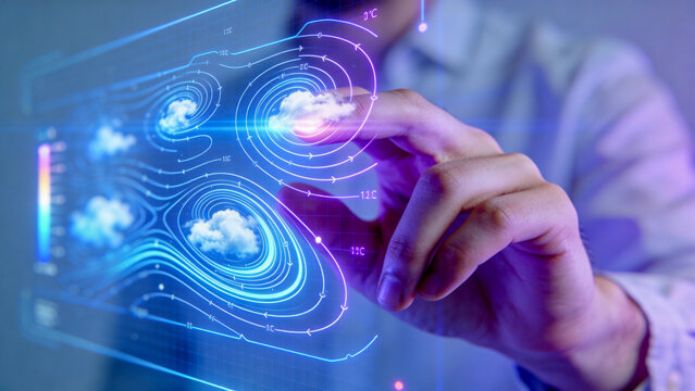 Person touching futuristic digital weather forecast interface with holographic clouds