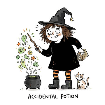Cartoon witch casting accidental potion spell with cute ghost and frog creatures popping out of cauldron.
