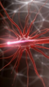 Red Neuron Cell Firing Bright Electrical Signal in Neural Network Background