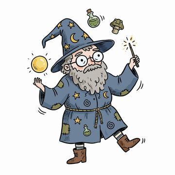 Wizard juggling magic items with wand in hand.
