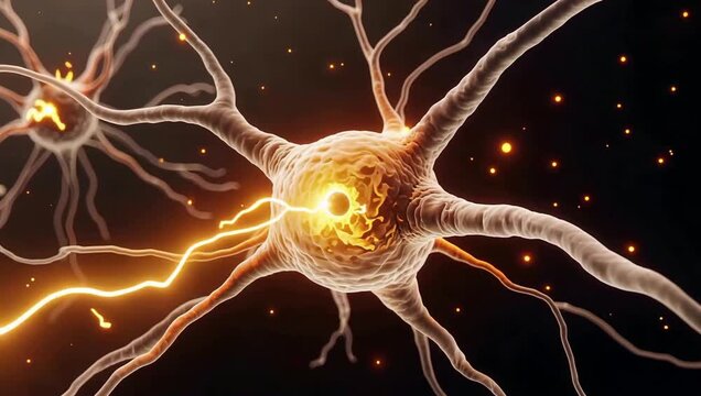 Neuron Cell Firing Electrical Impulse in Dark Neural Network Background