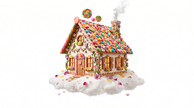 Gingerbread house, decorated with candy, icing, and sprinkles, festive holiday treat