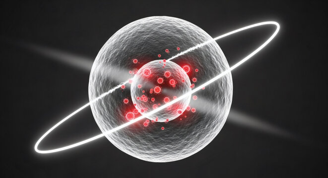 Abstract Scientific Illustration of an Atomic Structure with Nucleus and Electron Orbit Path on Dark Background