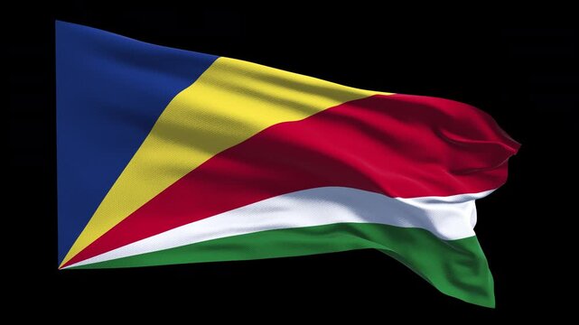 Professional animation of the Seychelles flag waving in the wind, ideal for island travel videos, cultural projects, education, web banner use, and national holiday visuals.