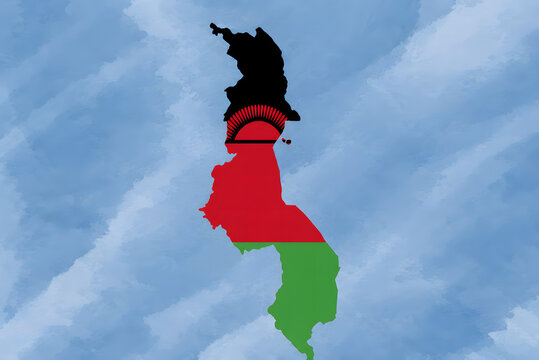 Malawi map with national flag and rising sun symbol on watercolor background